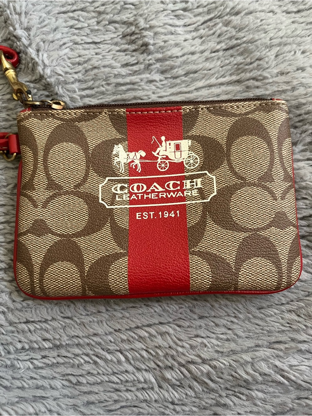 Coach Brown Signature Wristlet with Red Center Stripe